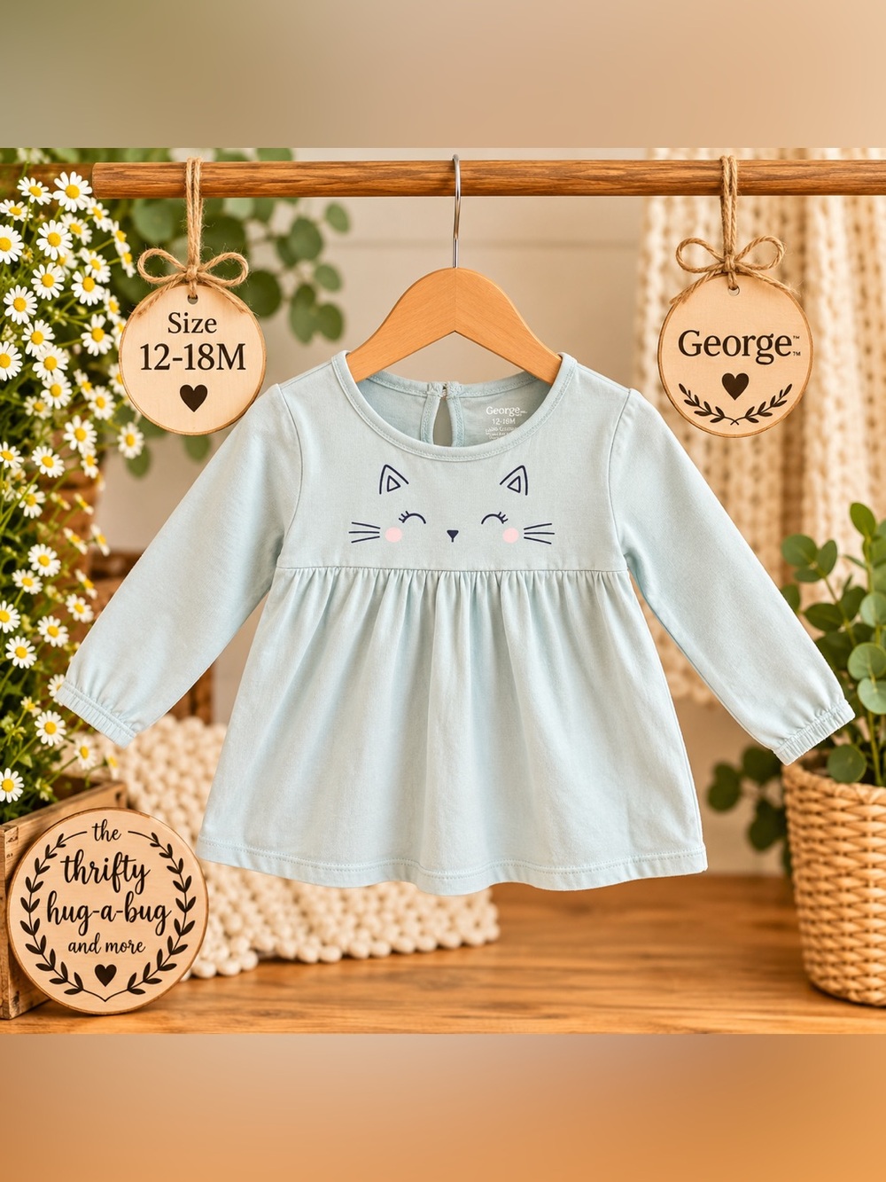 🌸 George Baby Girls Cat Face Cotton Dress 12–18M | Long Sleeve